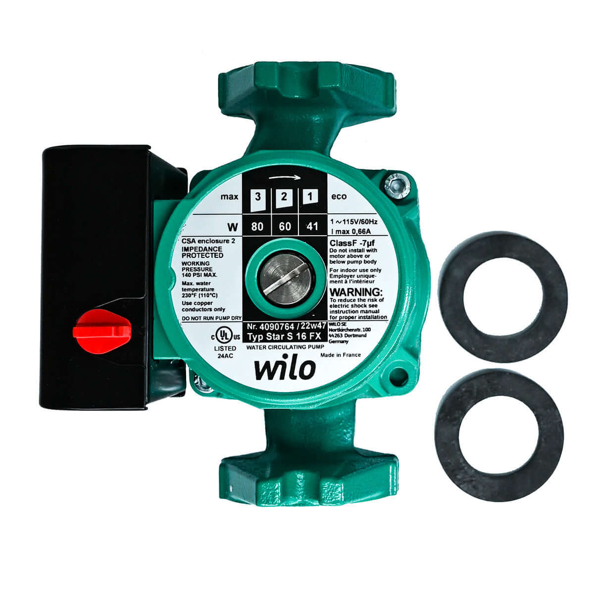 Wilo Star S 16 FX 4090764 115V 3-Speed Cast Iron Star Series Circulator for water and glycol infloor radiant floor heating system - front with gaskets